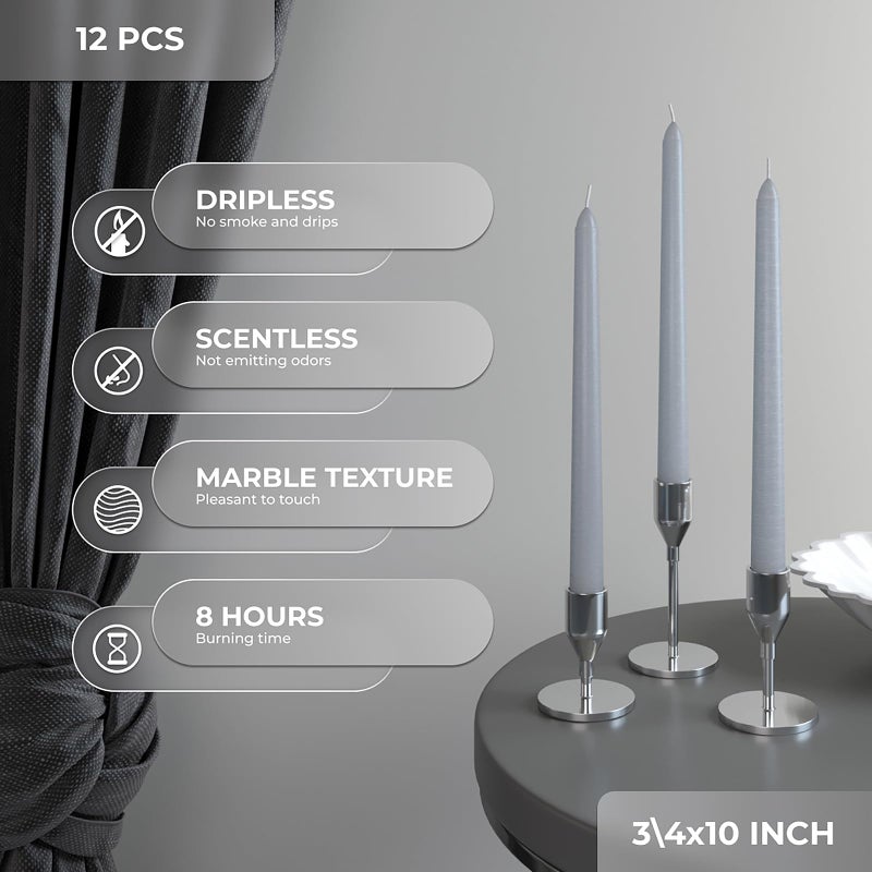 Candwax 10 inch Tapered Candles Set of 12 - Dripless and Unscented Candlesticks - Perfect as Dinner and Household - Light Gray - Image 4